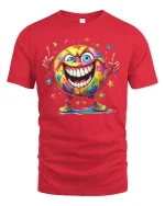 Colorful Smiley Face Starburst T-shirt - red t-shirt on white background