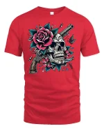 Skull and Rose Gun Tee - red t-shirt on white background