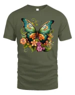 Colorful Butterfly T-shirt - military green t-shirt on white background