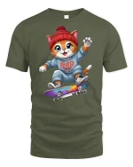 Cool Skater Cat Graphic Tee - military green t-shirt on white background