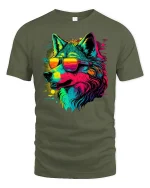 Neon Wolf Sunglasses Tee - military green t-shirt on white background