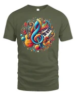 Colorful Music Notes Tee - military green t-shirt on white background