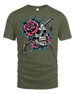 Skull and Rose Gun Tee - military green t-shirt on white background