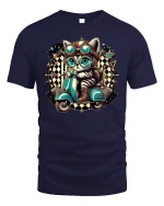 Retro Scooter Cat T-shirt - navy t-shirt on white background