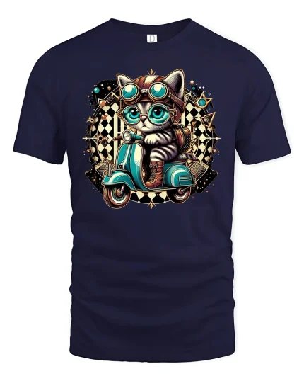 Retro Scooter Cat T-shirt - navy t-shirt on white background