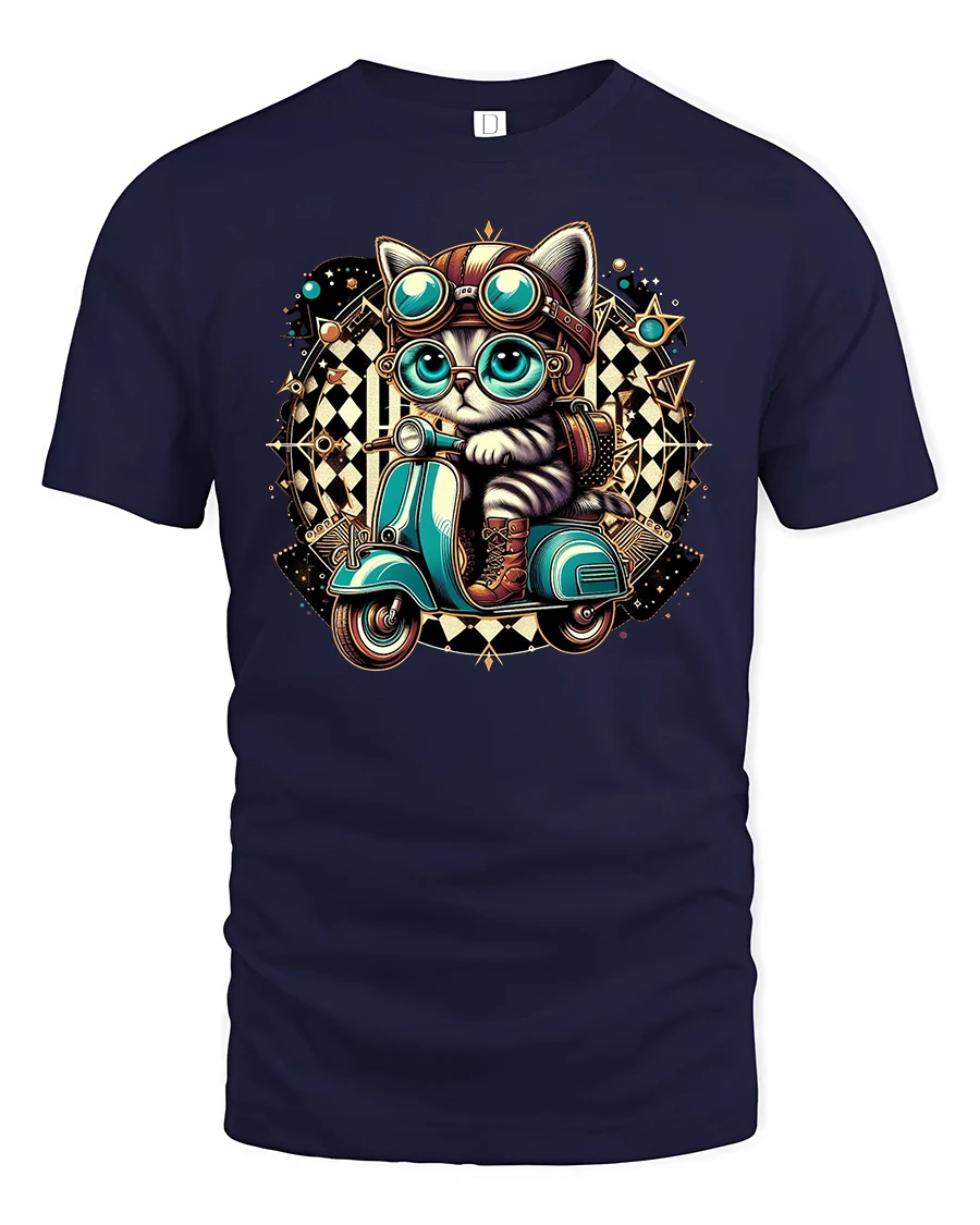 Retro Scooter Cat T-shirt - 1 Retro Scooter Cat T-shirt - navy t-shirt on white background