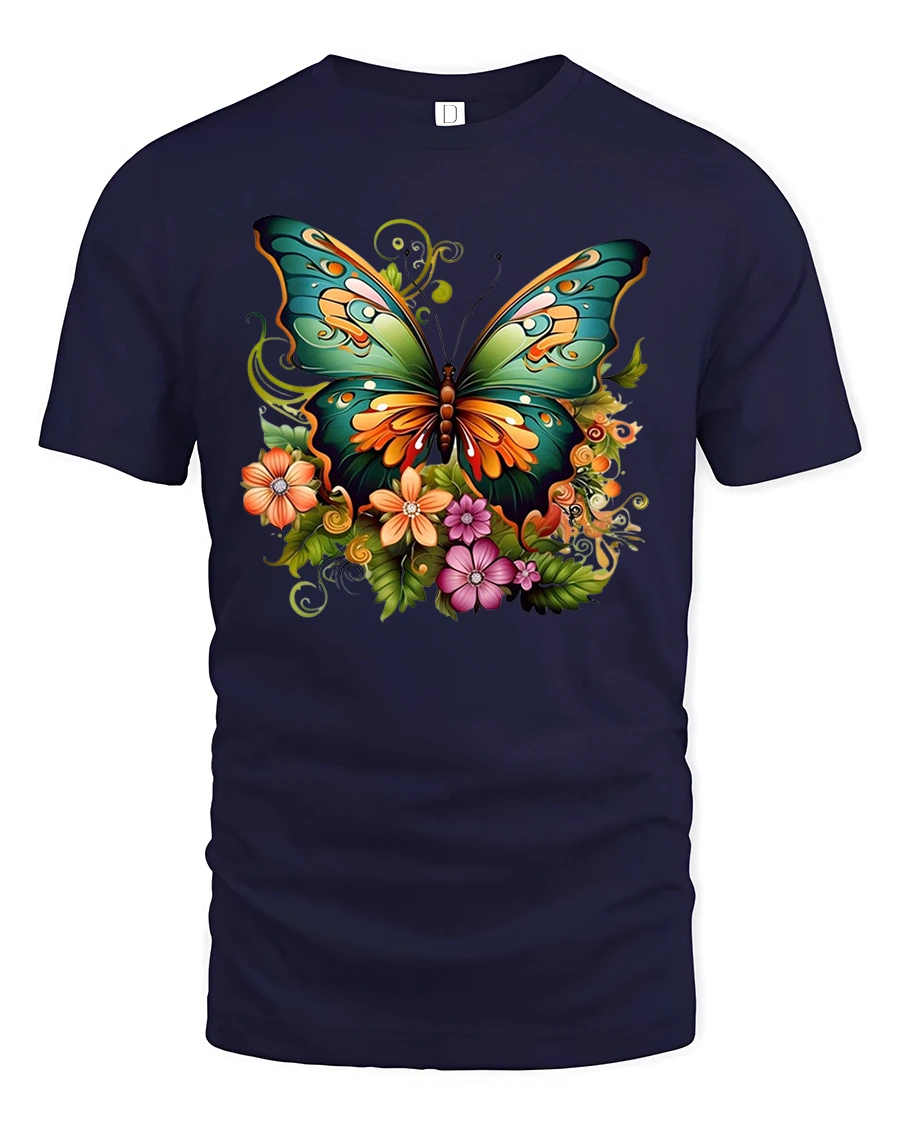 Colorful Butterfly T-shirt - 1 Colorful Butterfly T-shirt - navy t-shirt on white background