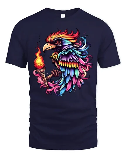 Rainbow Phoenix Bird T-shirt - navy t-shirt on white background