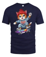 Cool Skater Cat Graphic Tee - navy t-shirt on white background