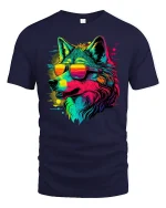 Neon Wolf Sunglasses Tee - navy t-shirt on white background