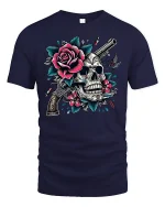Skull and Rose Gun Tee - navy t-shirt on white background