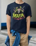 Funny Mafia Cartoon Gangster Tee - model wearing Navy T-shirt, hands in pockets, denim shirt at waist