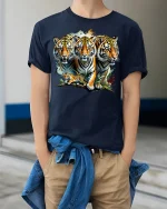Wild Tiger Family T-shirt - model wearing Navy T-shirt, hands in pockets, denim shirt at waist
