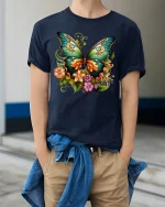 Colorful Butterfly T-shirt - model wearing Navy T-shirt, hands in pockets, denim shirt at waist