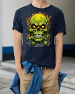 Toxic Green Skull T-shirt - model wearing Navy T-shirt, hands in pockets, denim shirt at waist
