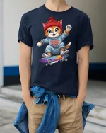 Cool Skater Cat Graphic Tee - model wearing Navy T-shirt, hands in pockets, denim shirt at waist