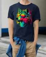 Neon Wolf Sunglasses Tee - model wearing Navy T-shirt, hands in pockets, denim shirt at waist