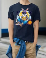 Cool Bunny Basketball Streetwear Tee - model wearing Navy T-shirt, hands in pockets, denim shirt at waist