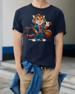 Dapper Tiger Musician Tee - model wearing Navy T-shirt, hands in pockets, denim shirt at waist