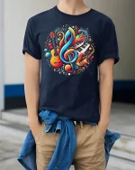 Colorful Music Notes Tee - model wearing Navy T-shirt, hands in pockets, denim shirt at waist