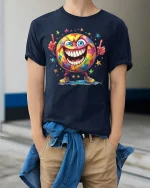 Colorful Smiley Face Starburst T-shirt - model wearing Navy T-shirt, hands in pockets, denim shirt at waist