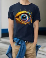 Abstract Color Splash Eye Art T-shirt - model wearing Navy T-shirt, hands in pockets, denim shirt at waist