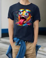 Crazy Emoji Splash Tee - model wearing Navy T-shirt, hands in pockets, denim shirt at waist
