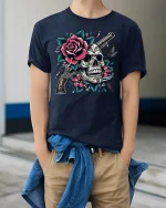 Skull and Rose Gun Tee - model wearing Navy T-shirt, hands in pockets, denim shirt at waist