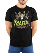 Funny Mafia Cartoon Gangster Tee - model with hands behind back, wearing Black T-shirt and blue jeans