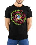 Octopus Eye T-shirt - model with hands behind back, wearing Black T-shirt and blue jeans