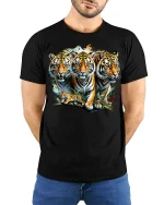 Wild Tiger Family T-shirt - model with hands behind back, wearing Black T-shirt and blue jeans