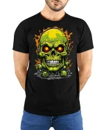 Toxic Green Skull T-shirt - model with hands behind back, wearing Black T-shirt and blue jeans