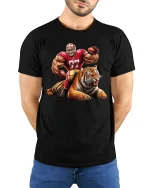 Fierce Football Player and Tiger Tee - model with hands behind back, wearing Black T-shirt and blue jeans