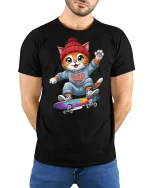 Cool Skater Cat Graphic Tee - model with hands behind back, wearing Black T-shirt and blue jeans