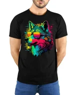 Neon Wolf Sunglasses Tee - model with hands behind back, wearing Black T-shirt and blue jeans