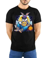 Cool Bunny Basketball Streetwear Tee - model with hands behind back, wearing Black T-shirt and blue jeans