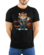 Dapper Tiger Musician Tee - model with hands behind back, wearing Black T-shirt and blue jeans