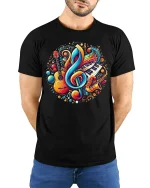 Colorful Music Notes Tee - model with hands behind back, wearing Black T-shirt and blue jeans