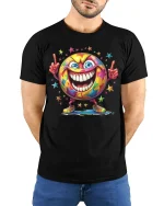 Colorful Smiley Face Starburst T-shirt - model with hands behind back, wearing Black T-shirt and blue jeans
