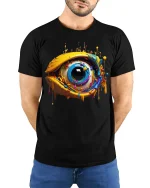 Abstract Color Splash Eye Art T-shirt - model with hands behind back, wearing Black T-shirt and blue jeans