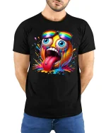 Crazy Emoji Splash Tee - model with hands behind back, wearing Black T-shirt and blue jeans