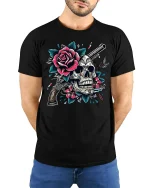 Skull and Rose Gun Tee - model with hands behind back, wearing Black T-shirt and blue jeans