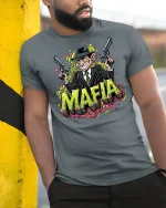 Funny Mafia Cartoon Gangster Tee - model leaning on yellow-black pole, wearing Gray T-shirt, hand in pocket