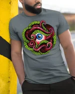 Octopus Eye T-shirt - model leaning on yellow-black pole, wearing Gray T-shirt, hand in pocket