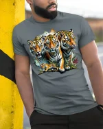 Wild Tiger Family T-shirt - model leaning on yellow-black pole, wearing Gray T-shirt, hand in pocket