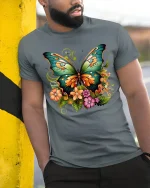 Colorful Butterfly T-shirt - model leaning on yellow-black pole, wearing Gray T-shirt, hand in pocket