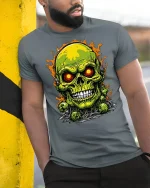 Toxic Green Skull T-shirt - model leaning on yellow-black pole, wearing Gray T-shirt, hand in pocket