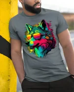 Neon Wolf Sunglasses Tee - model leaning on yellow-black pole, wearing Gray T-shirt, hand in pocket