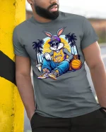 Cool Bunny Basketball Streetwear Tee - model leaning on yellow-black pole, wearing Gray T-shirt, hand in pocket