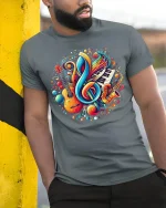 Colorful Music Notes Tee - model leaning on yellow-black pole, wearing Gray T-shirt, hand in pocket